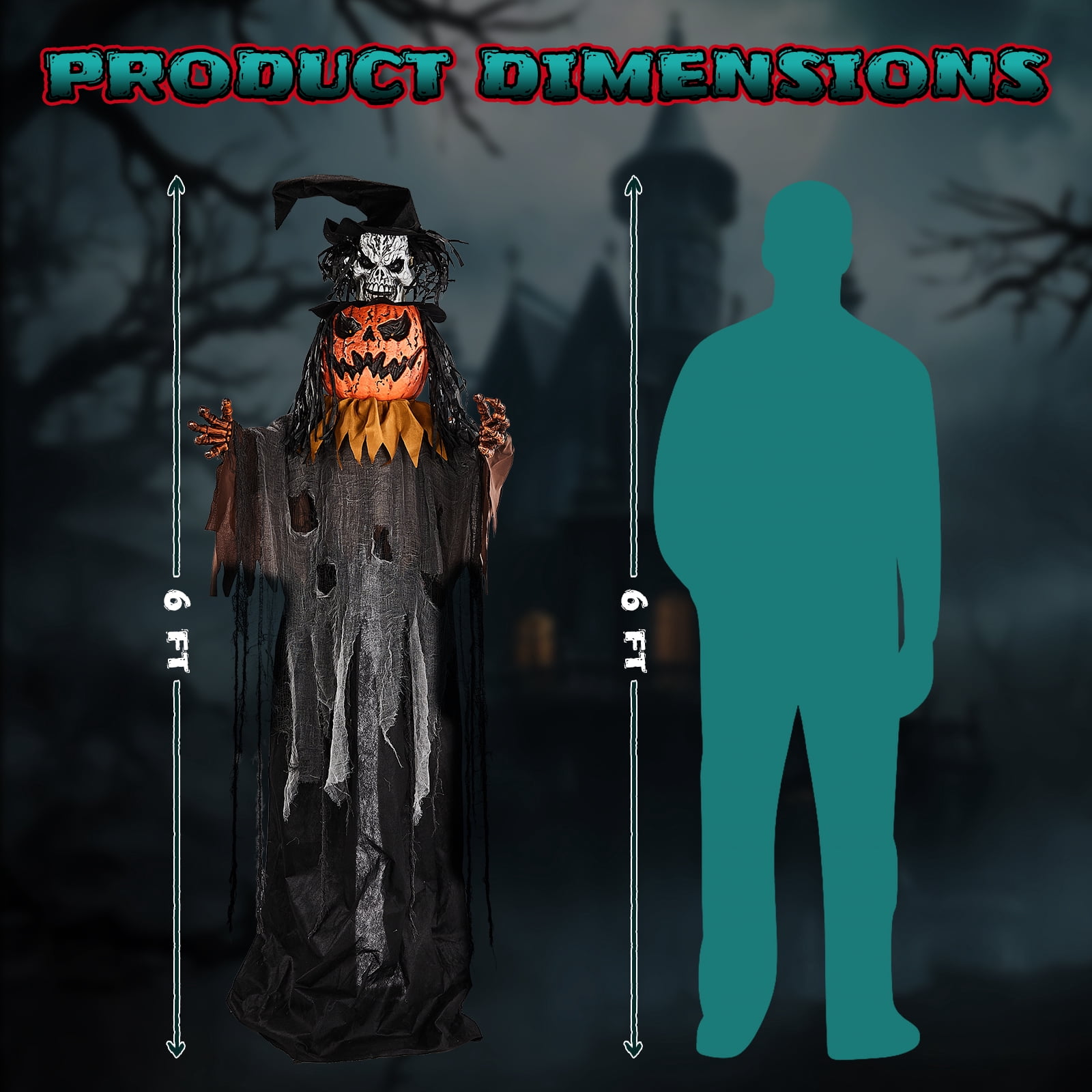 Astoutdoor 6 ft Skull Pumpkin Man Halloween Standing Decoration with Orange Light-Up Eyes, Pop-Up Skull Head, and Ghostly Sound Effects, Sound-Activated and Battery Operated