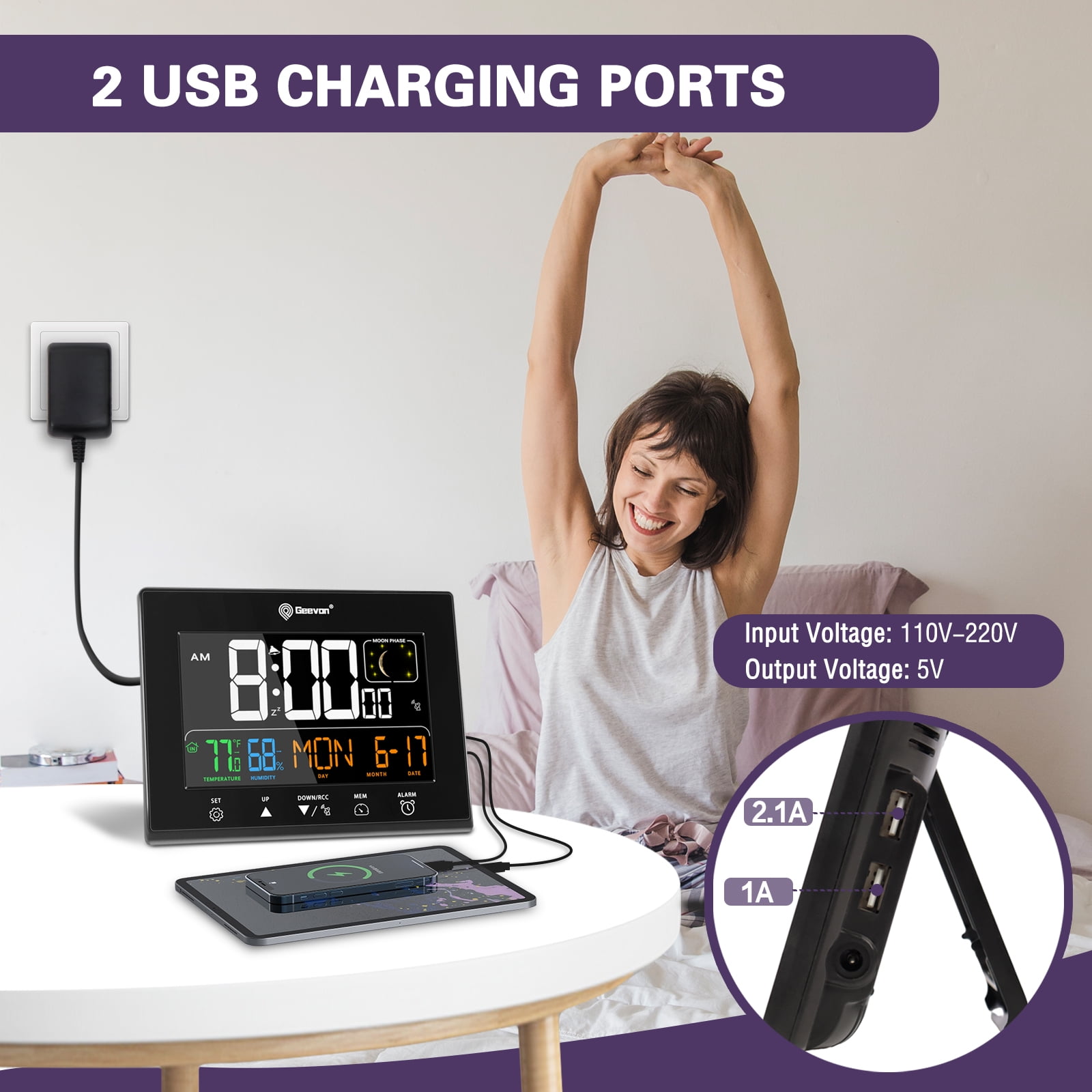 Geevon Digital Atomic Alarm Clocks for Bedrooms with Battery Backup, HD Color Display Atomic Lock with Backlight, 2 USB Ports, Indoor Temperature and Humidity, Moon Phases, Time, and Calendar