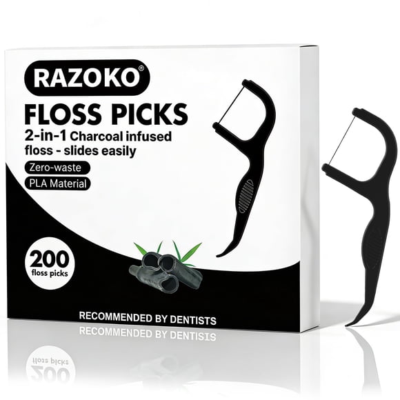 RAZOKO Natural Dental Floss Picks High Toughness Charcoal Toothpicks Sticks-Vegan,Eco-Friendly Sustainable Flossers for Teeth Cleaning (200 Count)