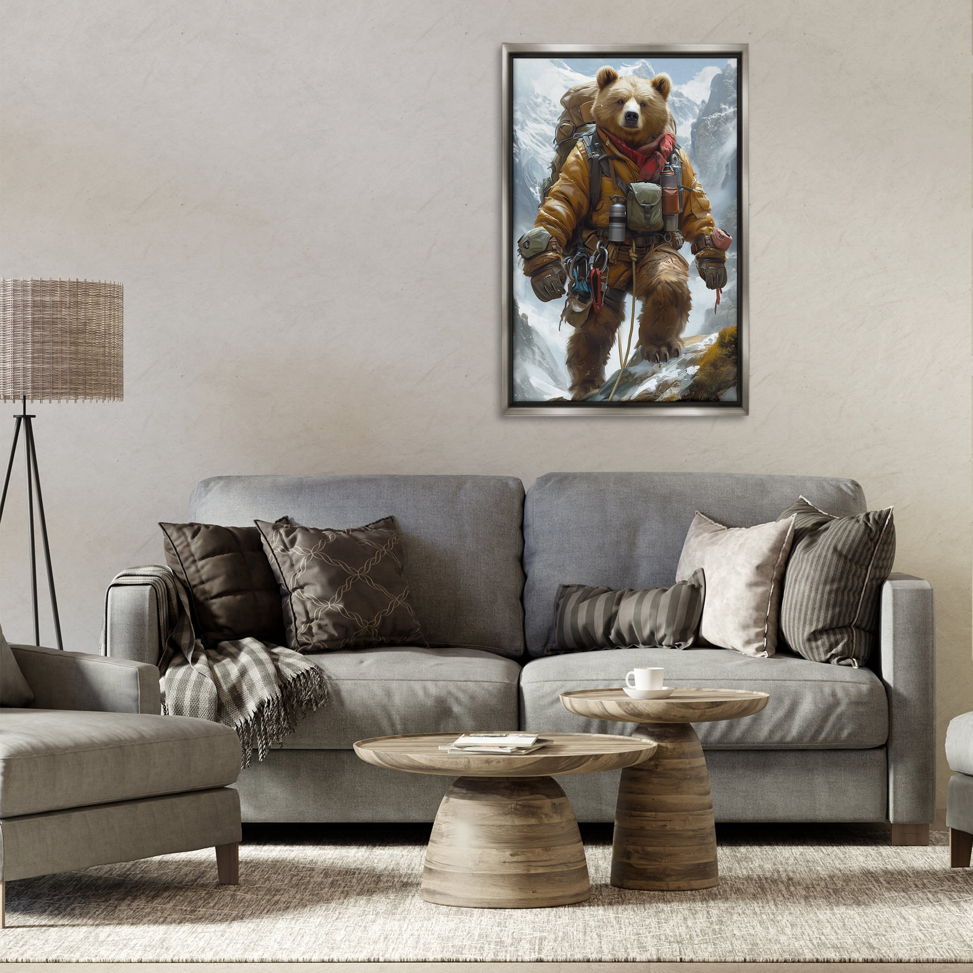 Stupell Industries Mountain Hiking Bear Animals & Insects Painting Gray Floater Framed Canvas Art Print Wall Art, 21 x 31