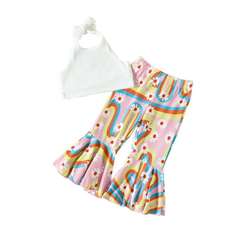 

Infant Toddler Cotton Vest + Pants Clothing Sets Outfits Set Toddler Kids Baby Girls Fashion Cute Halter Vest Sweet Flower Print Ruffles Flared Pants Suit 18-24 Months