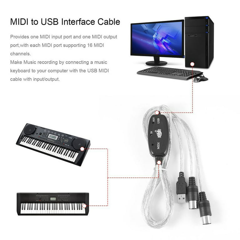 Audio Cable Keyboard to PC USB MIDI Cable Converter PC to Music Keyboard  Cord USB IN-OUT MIDI Interface Cable