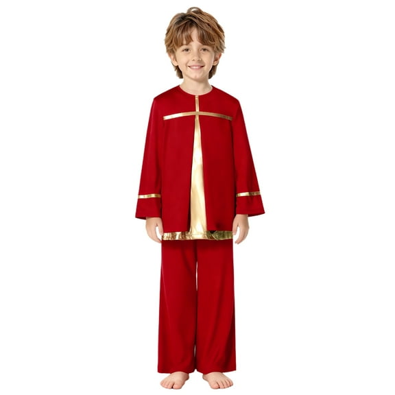 Zaldita Kids Boys Liturgical Praise Dance Top Long Sleeve Metallic Pullover Shirts with Wide Leg Pants Worship Dancewear Red 14