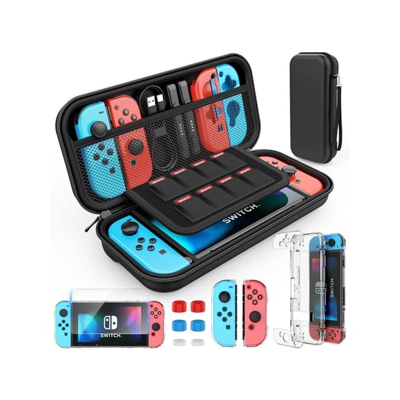 Switch Case Compatible with Nintendo Switch, 9 in 1 Switch Accessories kit with Carrying Case, Dockable Protective Case, HD Screen Protector and 6pcs Thumb Grips Caps