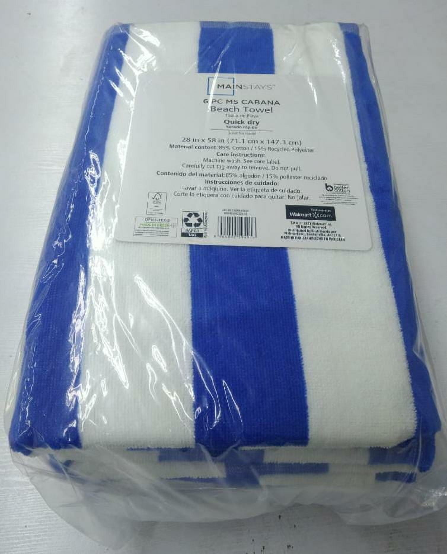 (4 pack) Mainstays Blue & White Cabana Stripe Beach Towel, 28" x 58"