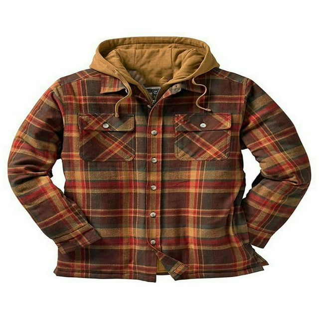 PENGXIANG Chemise à Capuche Matelassée Doublée en Flanelle pour Hommes Veste à Manches Longues à Carreaux avec Fermeture Éclair et Boutons