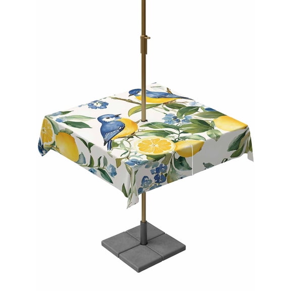 Outdoor Table Cloth with Umbrella Hole and Zipper, Lemon Bird Waterproof Square Tablecloth 54"x54", Watercolor Yellow Green Foliage Flower Leaf Washable Table Cover for Outside Party Patio Picnic
