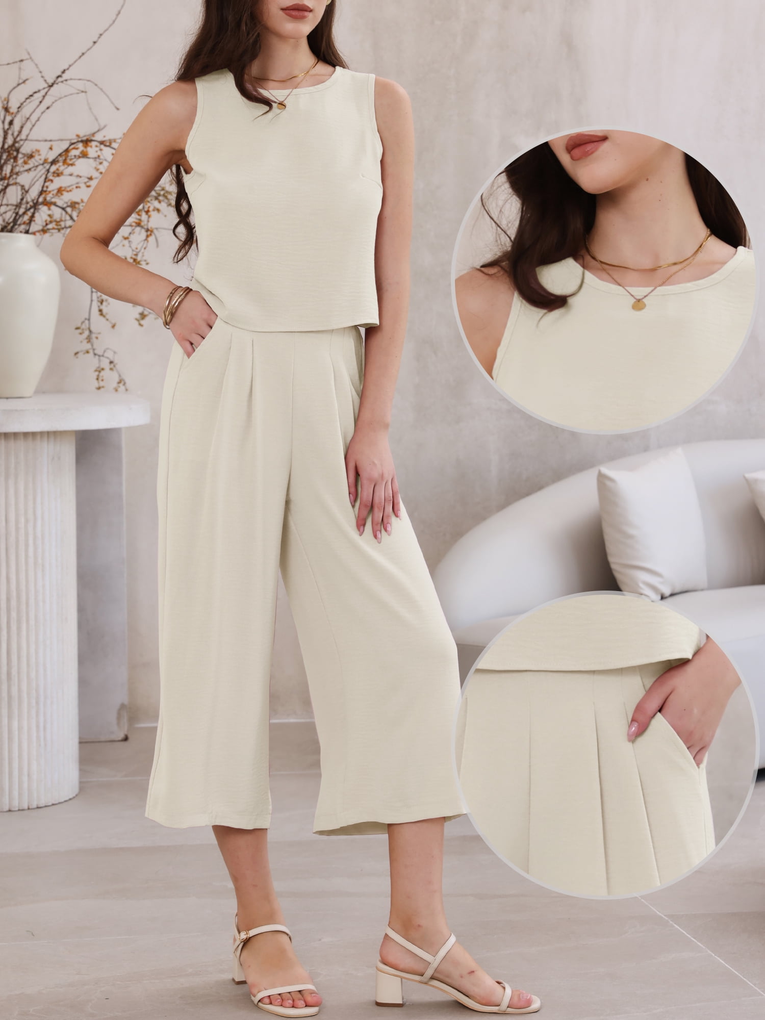DARING DIVA Women's Suits 2 Piece Outfits Sleeveless Crop Top Wide Leg Pants S Khaki