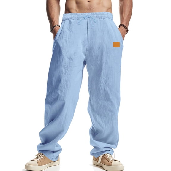 Busydd Men's Pants Solid Color Elastic Waist Dress Pants Comfortable Straight Leg Beach Pants Casual Trendy Baggy Drawstring Linen Pants with Pockets L