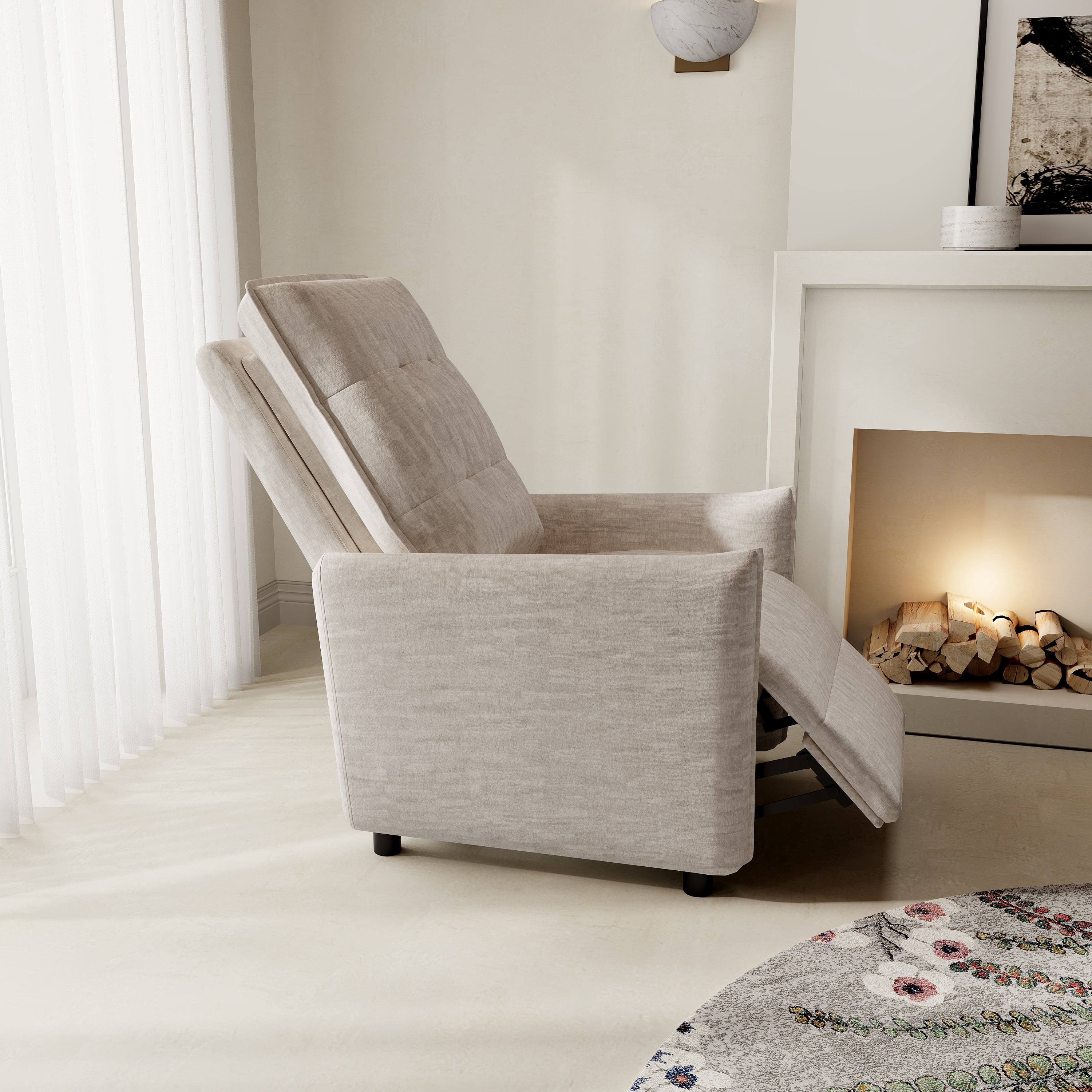 Chenille Fabric Recliner Chair with Manual Push Back Recline, Overstuffed High-Density Foam & Metal Frame, Adjustable Footrest for Living Room, Beige