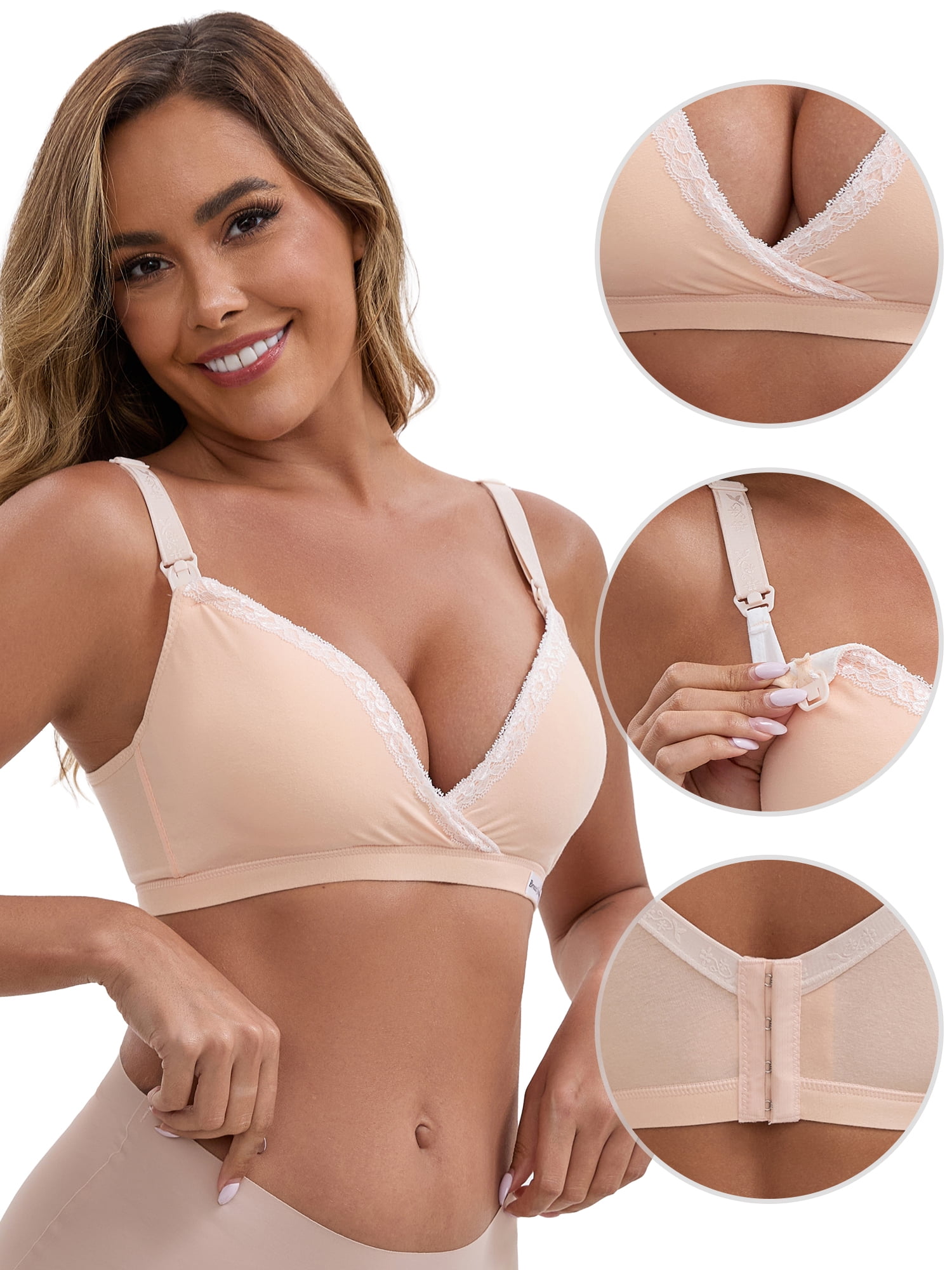 DARING DIVA Lace Trim Nursing Bra Deep V Crossover Adjustable Straps M Beige