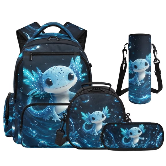 Bulopur Toddler Girls 17 Inch Backpack Set 4 Piece Axolotl Print School Bookbag with Lunch Box, Water Bottle Holder and Pencil Case for Preschool Daily Use