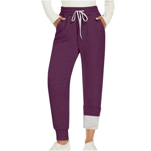 ABATAB Fleece Lined Lounge Pants for Womens High Waisted Cinch Bottom Drawstring Thermal Casual Trousers with Pockets