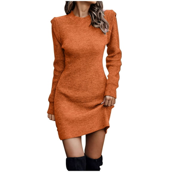 Efsteb Womens Sweater Dress Slim Fitted Bodycon Ribbed Knit Sweater Long Sleeve Crewneck Elegant Cocktail Party Dress (Orange,XXXL)