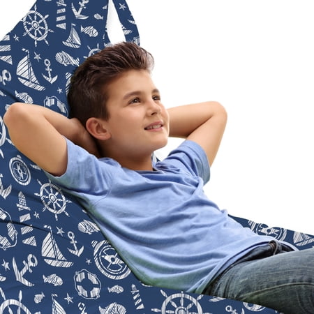 Sailboat Lounger Chair Bag  Diagonal Hatched Nautical Elements Ship s Wheel Anchor and Marine Animals  High Capacity Storage with Handle Container  Lounger Size  Blue and White  by Ambesonne