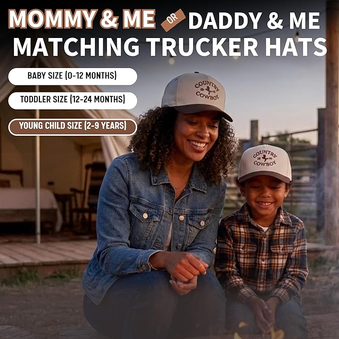 Funky Junque Matching Family Trucker Hat Set - Vintage Two-Tone Daddy & Me, Mommy & Me Snapback Baseball Caps - Country Cowboy - Brown/Beige - Adult/Infant (0-12 Months)