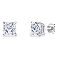 Gem Stone King 2.30 Cttw 14K White Gold White Moissanite Double Notch Stud Earrings | Princess 6MM | Gold Earrings for Women Men