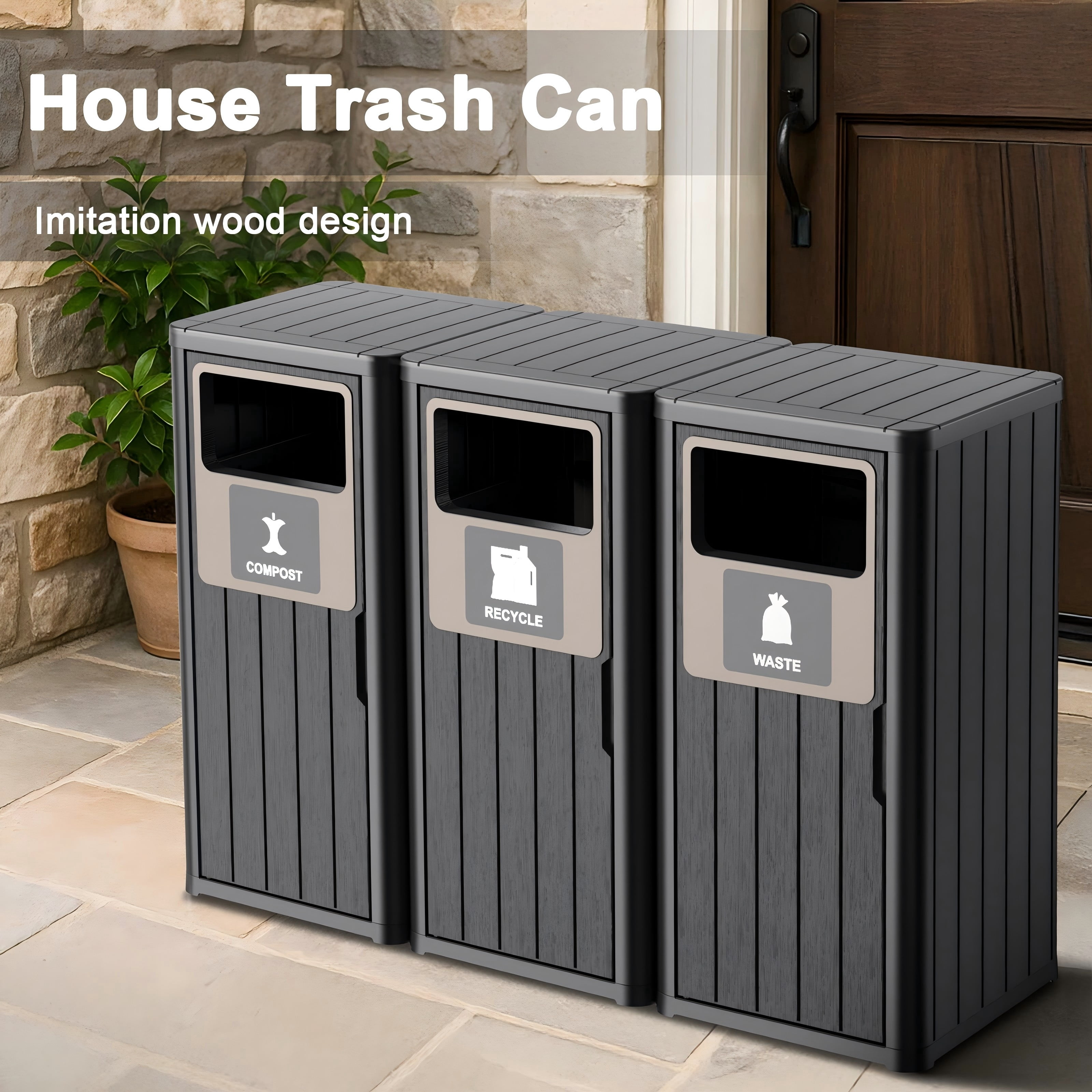 Outdoor Single Barrel Trash Can,Waterproof Resin Garbage Can with Garbage Labels,Durable Waste Bin for Porch, Backyard,Kitchen,for 30 to 39 Gallon Trash Bags（Black，3)