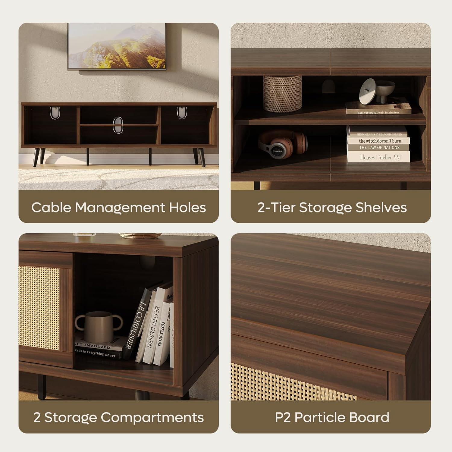 Bestier 63" Boho TV Stand for TVs up to 65 inch, Mid Century Modern TV Stand with Rattan Sliding Doors, Entertainment Center  for Living Room, Walnut