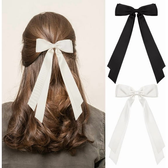 2 Pcs 2 Colors Long Ribbon Hair Clip Bowknot Hair Clips Polyester Big Tail White Black Tassel Ties Hair Barrettes Decorations for Women Hair Solid Accessories 1set