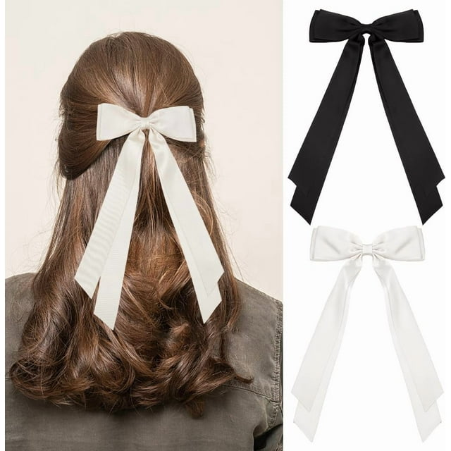 2 pinzas para el pelo de cinta larga de 2 colores con lazo, de poliéster, con cola grande, blancas y negras, con borlas, para decorar el pelo.