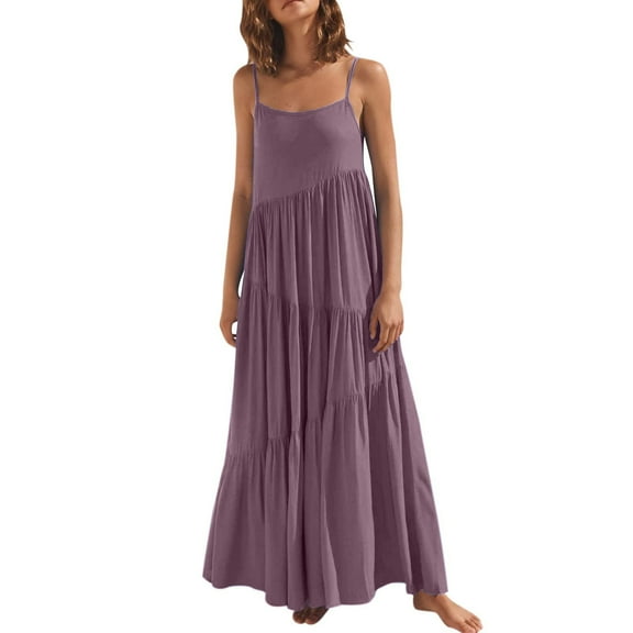 Honeeladyy Spaghetti Strap Maxi Dress for Women Summer Boho Solid Color Loose Vacation Beach Sundress Purple XXXL