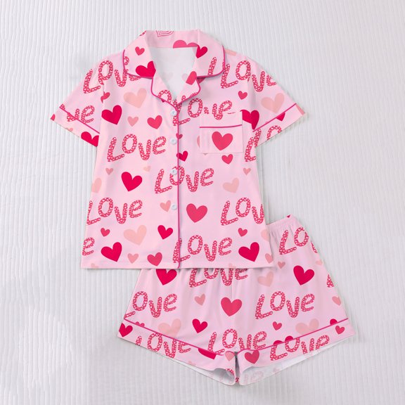 Fewfanhot Women's Casual Cute Print Pajama Set Turndown Button Short Sleeve Pink Blouse and Short Pants, S-2XL