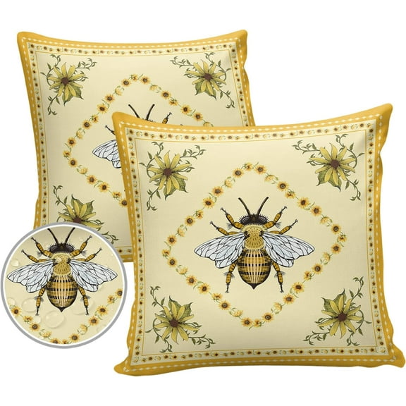 Sunflowers and Bee Outdoor Pillow Covers Set of 2, Farmhouse Retro Floral Decorative Waterproof Throw Pillow Case, Animal Honeybee Cushion Pillowcases for Couch Garden Patio 16x16In