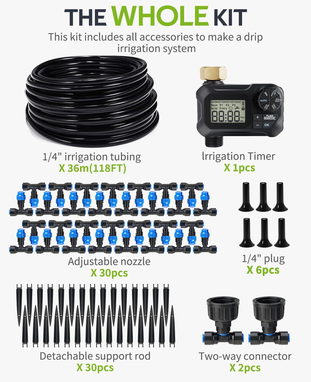 118ft Greenhouse Misting Drip Irrigation Kit With Water Timer  Quick Connector Design Garden Watering System Automatic Tubing Nozzles For Hanging Plants Raised Bed