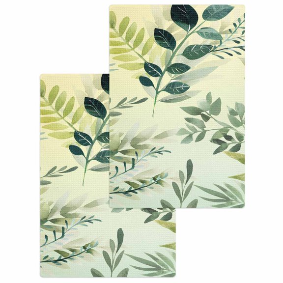 Green Blue Leaves Kitchen Dish Towels for Drying Dishes Set of 2, Summer Botanical Farmhouse Watercolor Leaf Waffle Weave Microfiber Hand Tea Bathroom Towels Quick Dry & Absorbent Towel 15.7x23.6