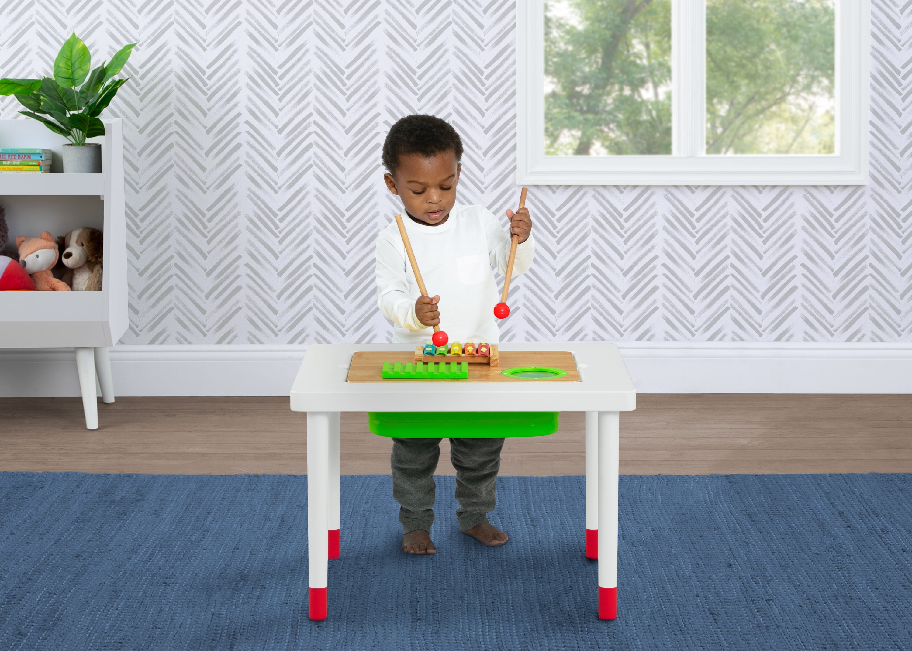 Delta Children Compact Play & Learn Sensory Table – Includes Musical Instruments - Use for Sand Play, Sensory, or Activity, White/Natural