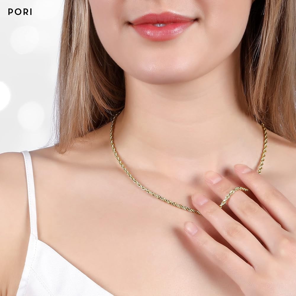 PORI JEWELERS 14K Yellow Gold 1.5MM, 2MM, 2.5MM, 3MM, 4MM, or 5MM Hollow Diamond Cut Rope Chain Necklace - Sizes 16" -30"