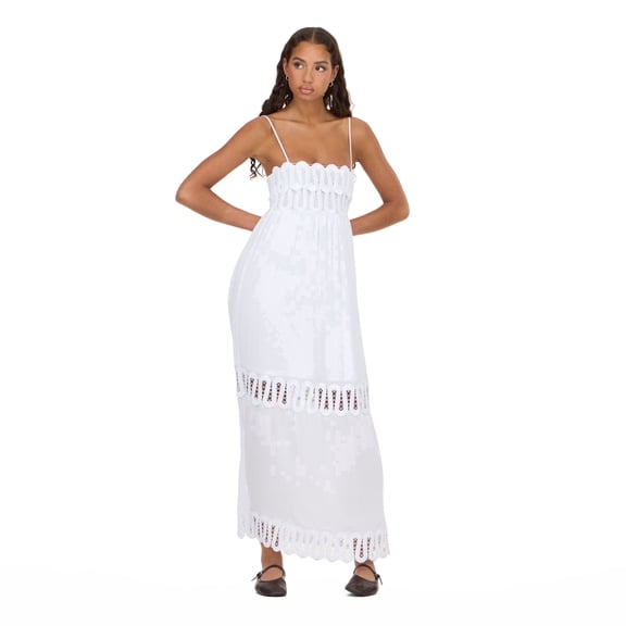 Forever 21 Women’s Maxi Dress with Lace Yoke Detail, Sleeveless Tiered Flowy Long Dress for Vacation and Casual Summer Styling, XS-XL