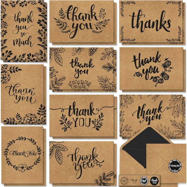 120 elegantes tarjetas de agradecimiento de papel kraft blanco con sobres y pegatinas de papel kraft, 6 diseños a granel con letras negras para bodas, negocios, formales y todas las ocasiones, 4 x 6
