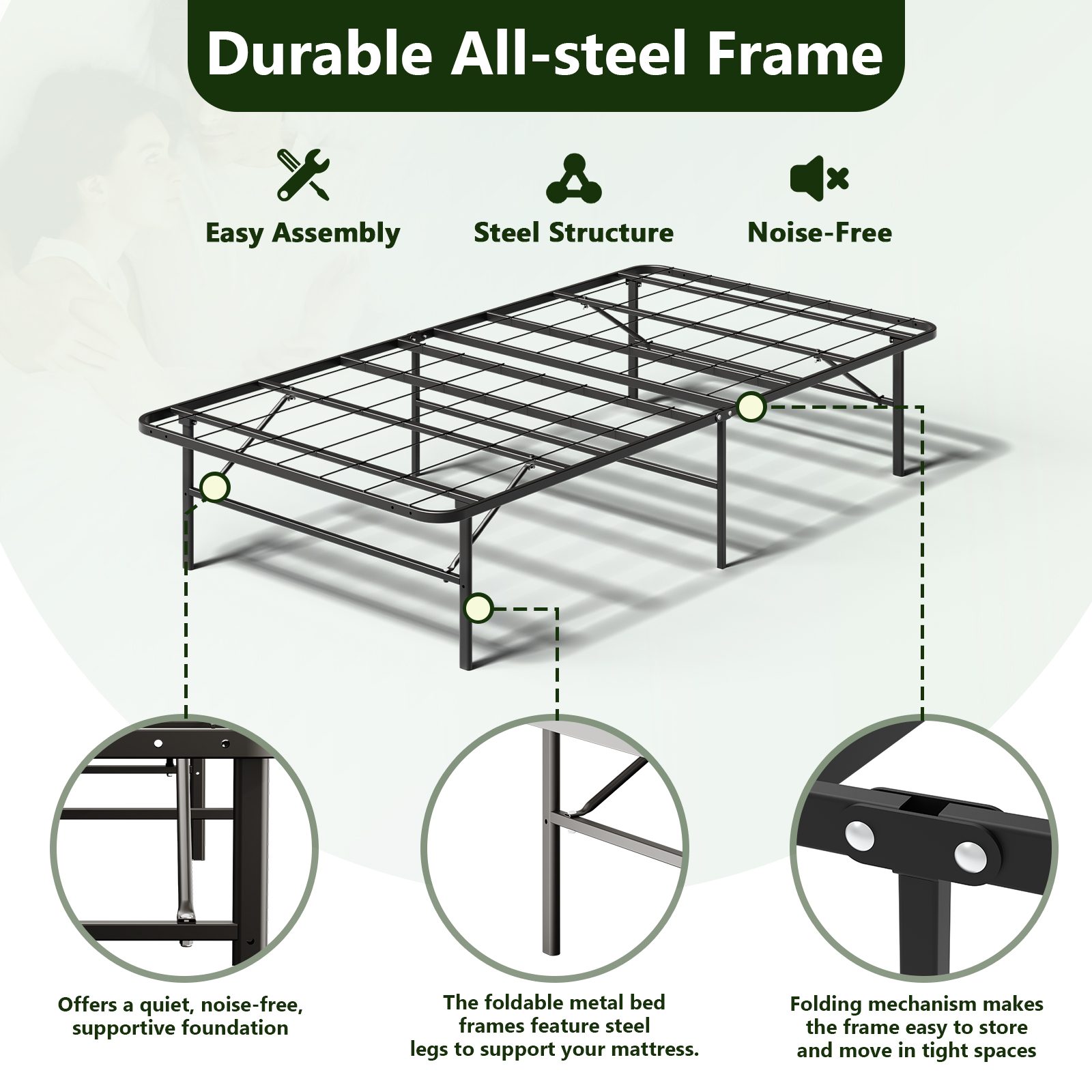 WASUHE 14" Height Twin Bed Frame, Heavy-Duty Foldable Metal Bed Frame with Underbed Storage, No Box Spring Needed - Quiet & Easy to Assemble , Ideal for Bedrooms, Apartment & Dorm Rooms, Black
