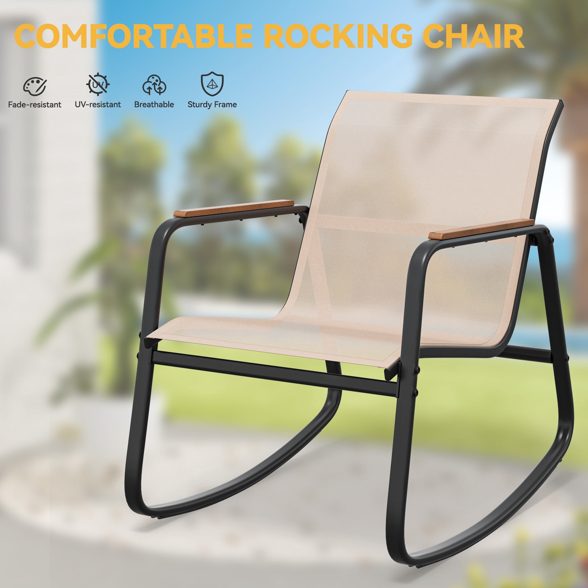 Uforic 3 Piece Patio Rocking Bistro Set, Textilene Outdoor Rocking Chairs with Wooden Armrest, Tempered Glass Side Table, Furniture Set for Garden Balcony Poolside, Beige
