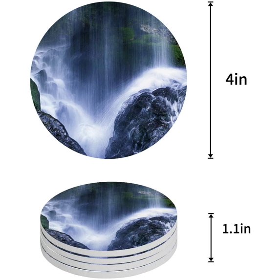 FMSHPON Nature Print Waterfall Set of 6 Round Coaster for Drinks, Absorbent Ceramic Stone Coasters Cup Mat with Cork Base for Home Kitchen Room Coffee Table Bar Decor