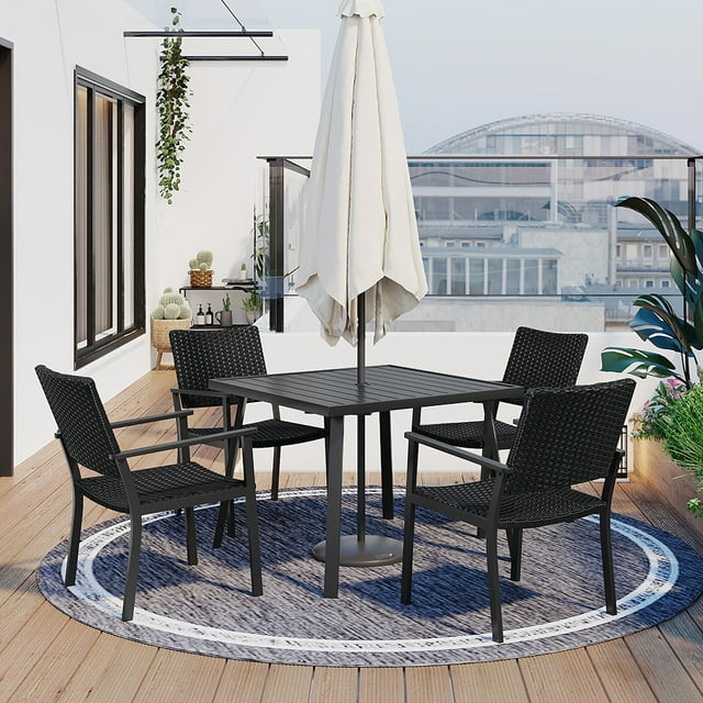 Rattan Wicker Patio Furniture, 5 Piece Patio Dining Sets with Umbrella Hole and 4 Wicker Armchairs, Dining Table, All-Weather Rattan Patio Conversation Set with Cushions for Backyard, Lawn, Garden
