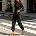 thumbnail image 4 of Kctiaxy Jumpsuits for Women Long Sleeve Turndown Collar Belt Ties Denim Rompers Solid Fashion Jogger Jeans, 4 of 7