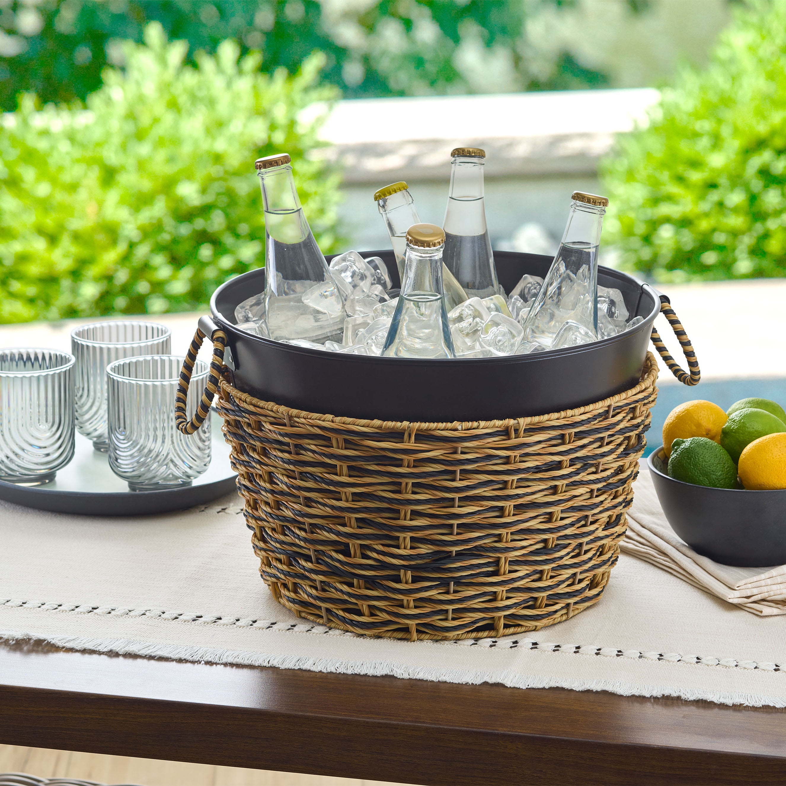 (2 pack) Black Galvanized Round Tub with Rattan