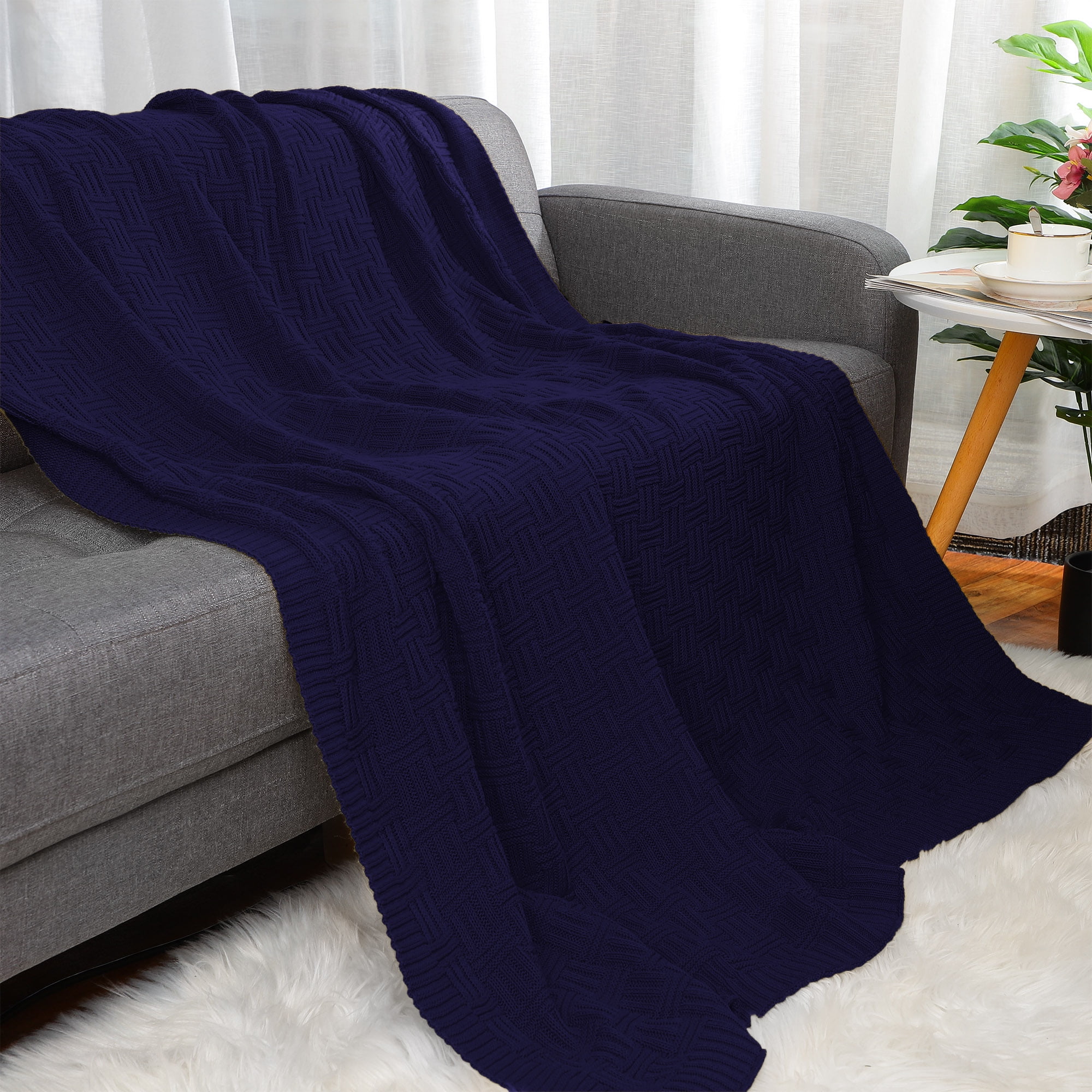 Knitted blanket home decor throw W870 blue