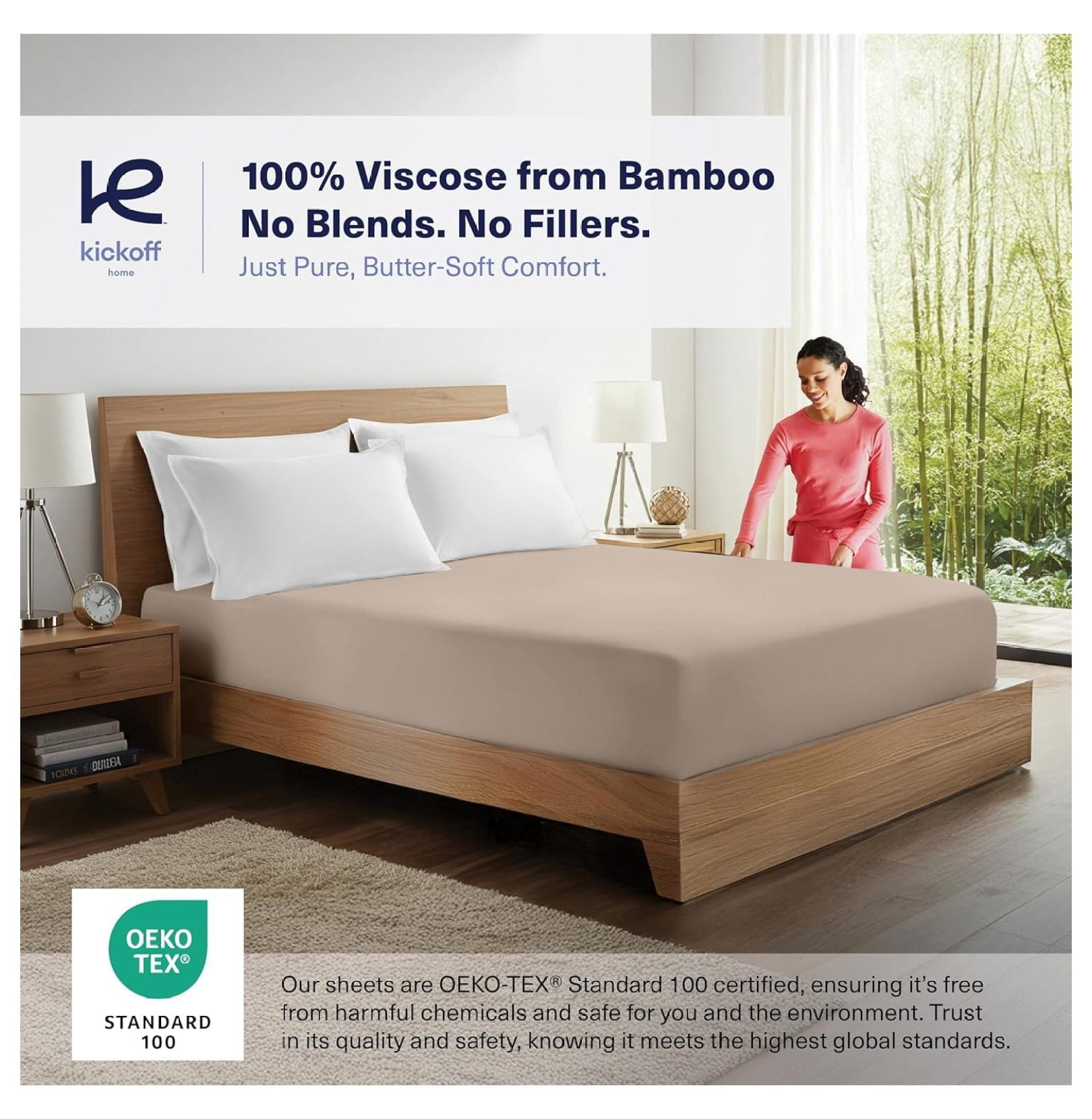 Kickoff Viscose Bamboo Fitted Sheet Queen Size, 100% Organic Cooling Sheets Fitted ONLY Viscose Bamboo Sheets Queen Size Bed Sheet for Hot , Extra Deep Pocket, 4 Corner Strap (Q, Iced Latte)