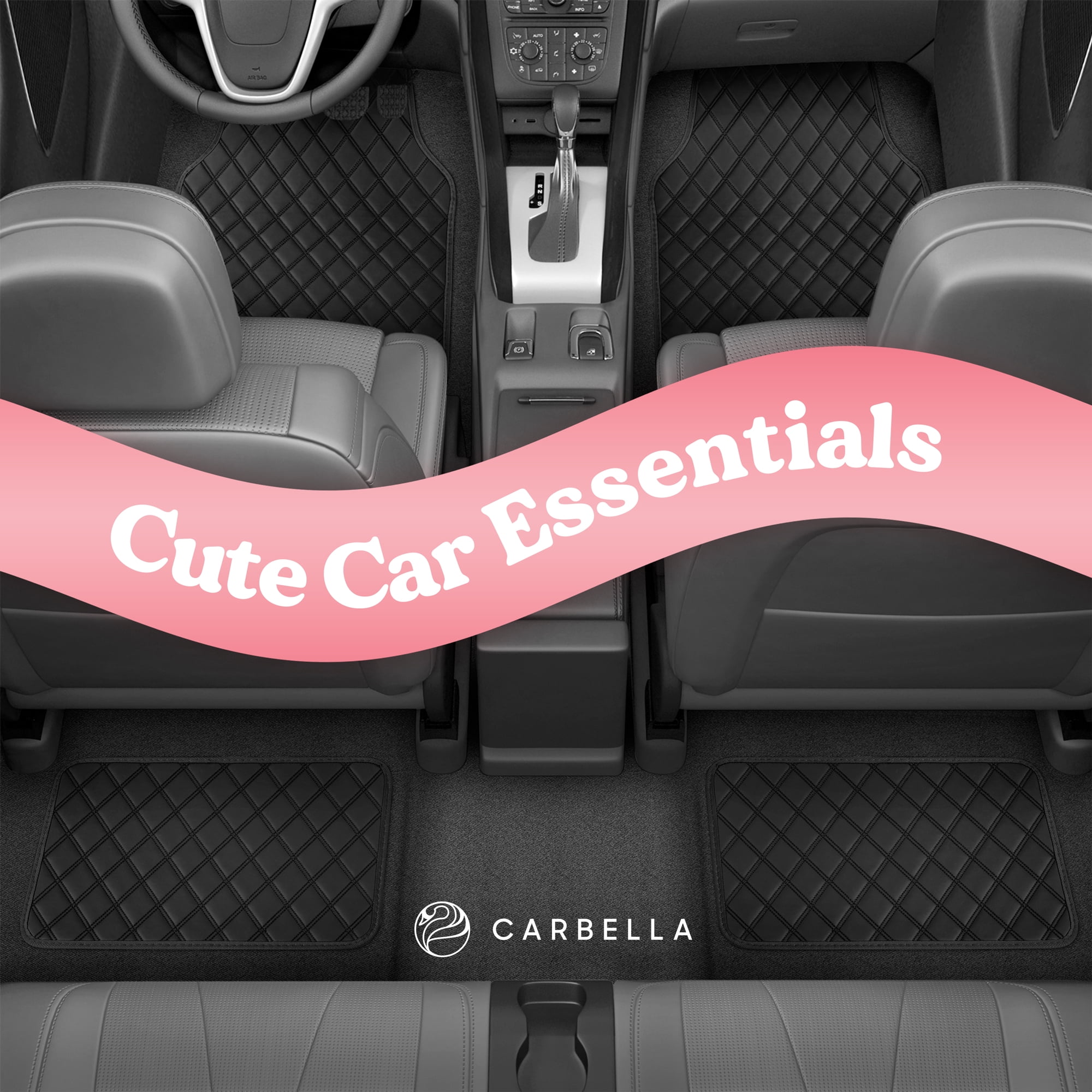 Carbella DiamondLuxe Car Floor Mats, Stylish Faux Leather Car Mats with Diamond Stitched Detail and Matching Taping, Universally Sized All-Weather Floor Mats for Cars Trucks SUV, Full (Black)