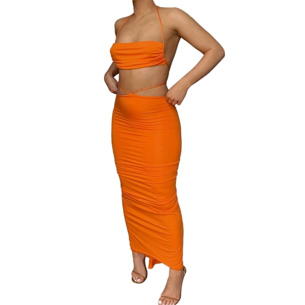 VISgogo - Camisola y falda para mujer, chaleco recortado de color sólido a la moda y falda larga con abertura ajustada VISgogo moda