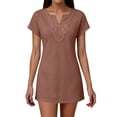 thumbnail image 2 of Uootdi Womens Short Sleeve V Neck Waffle Knit Dresses Embroidery Trim Casual Shift Dresses Solid Color Mini Dresses Gift, 2 of 5