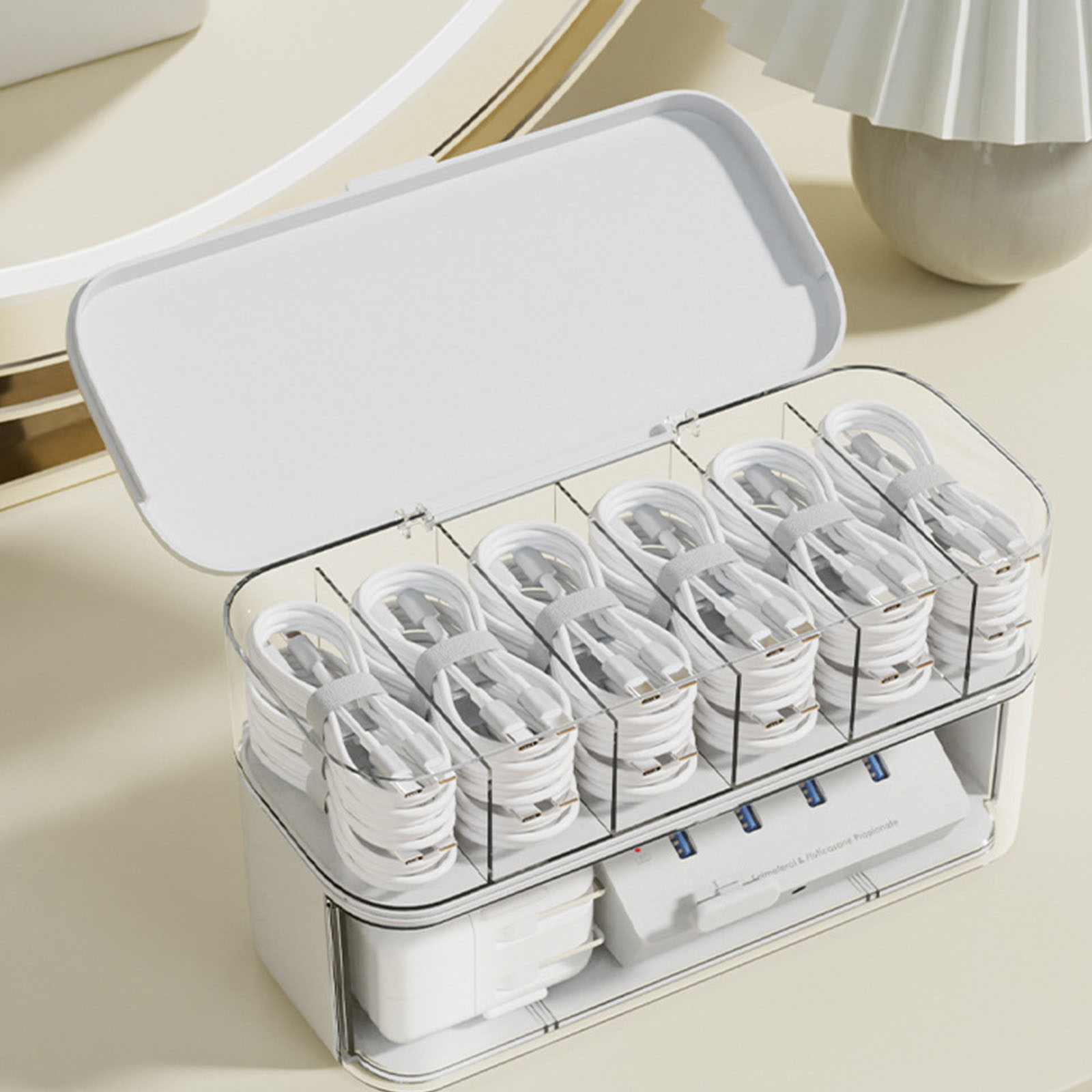 Double Layer Cable Management Box Cord and Chargers Storage Solution Office Desk Organiser with Multiple Section