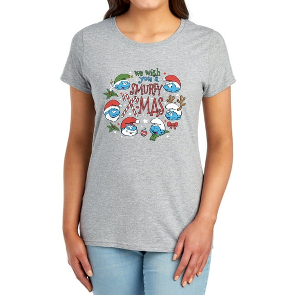 Smurfs We Wish You A Smurfy Christmas Women's T Shirt, Athletic Heather, Small