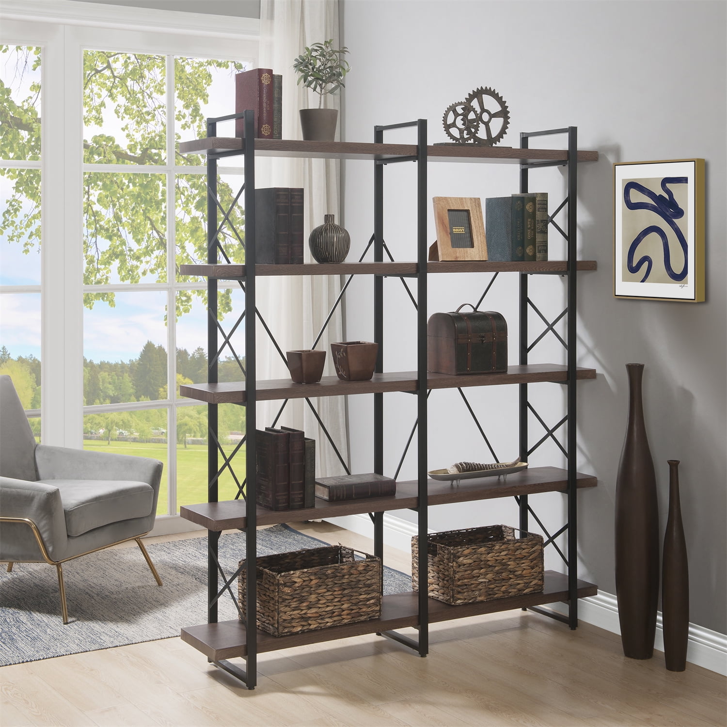 Home Office 5 Tier Storage Shelves, Modern Freestanding Bookshelf with Metal Frame, Xshaped