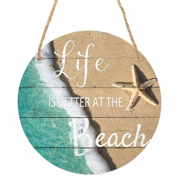 Beige Blue Summer Beach Round Front Door Welcome Sign, 7.8 Inch Wall Hanging Decor for Indoor Outdoor, Coastal Nautical Starfish Ocean Home Porch Hanger Decorations for Holiday Gift