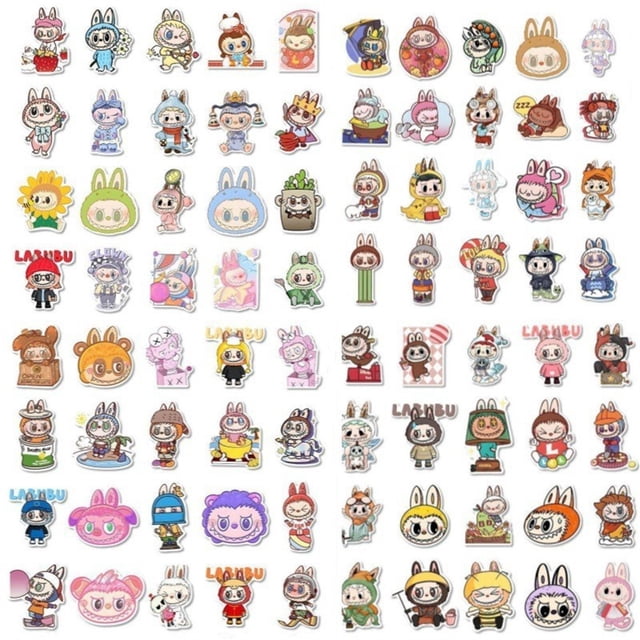 80 stickers de Labubu de Pop Mart Decal para decorar portátiles, puertas de garaje, refrigeradores, guitarras, autos, álbumes de recortes, skateboards, maletas, motos y tablas de snowboard